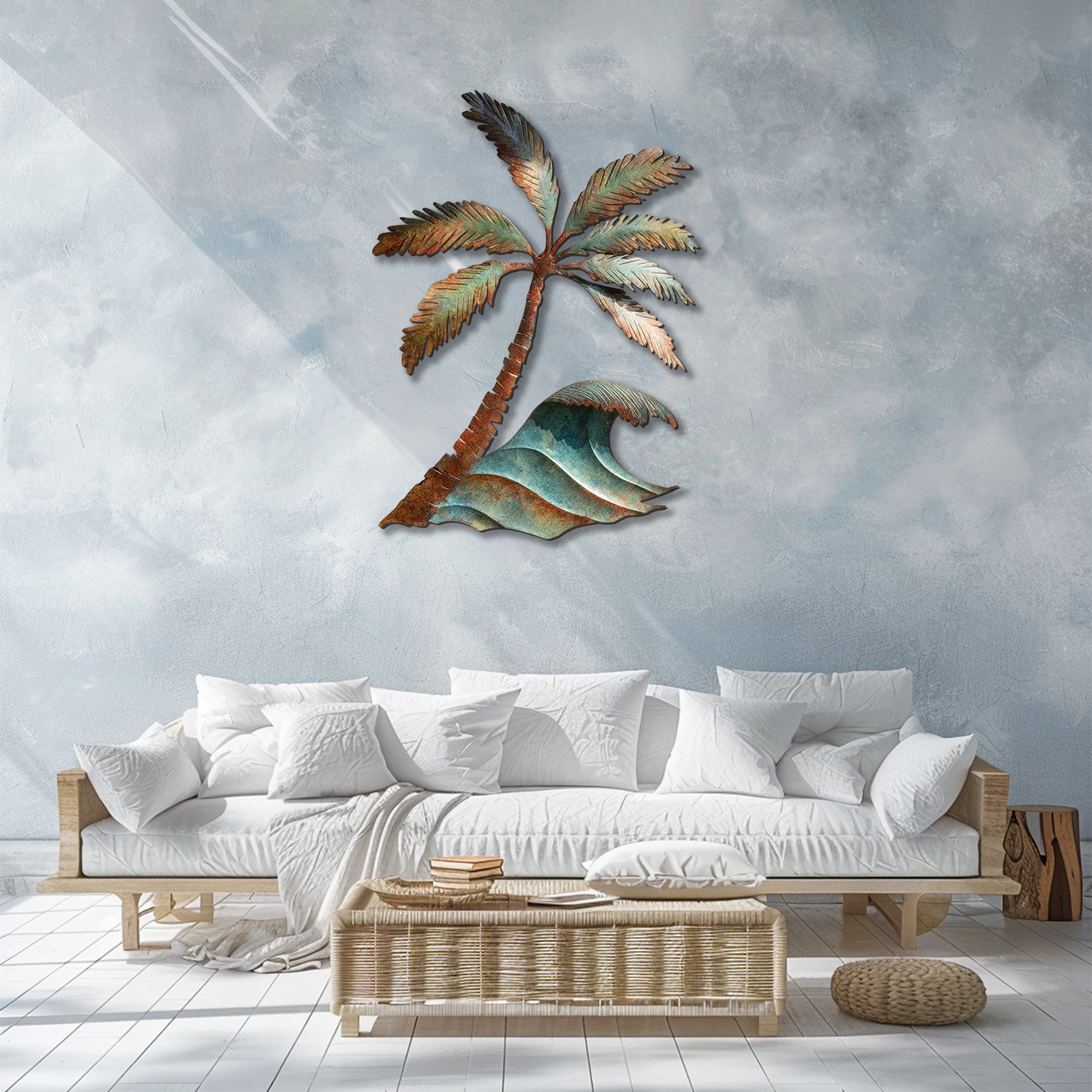 Palm tree ocean wave metal wall art with tropical coastal design mounted on beige wall  2