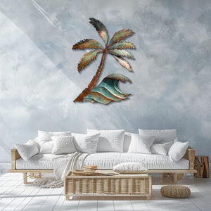 Palm tree ocean wave metal wall art with tropical coastal design mounted on beige wall  2