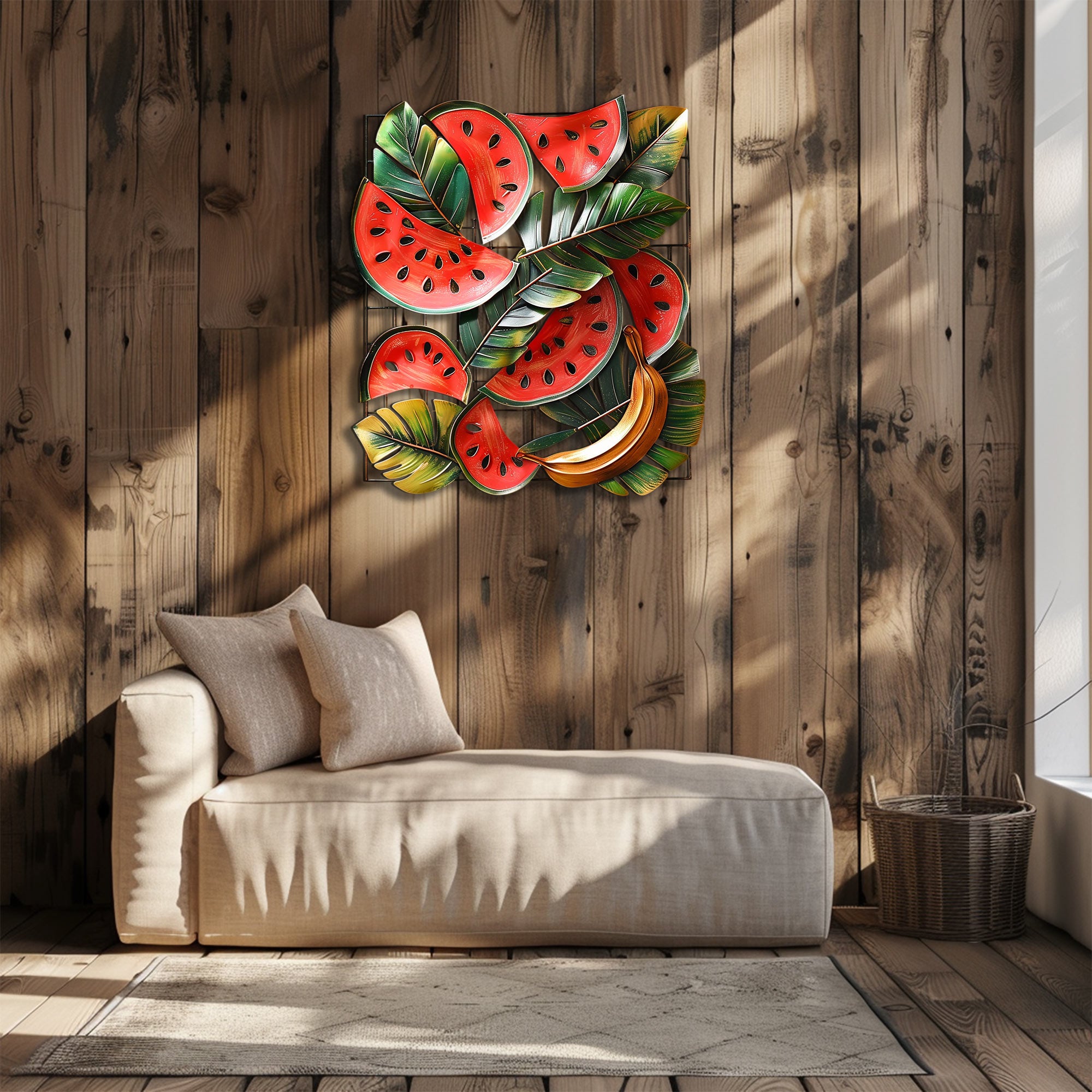 Tropical watermelon and banana metal wall art with lush botanical leaves for summer kitchen decor 2