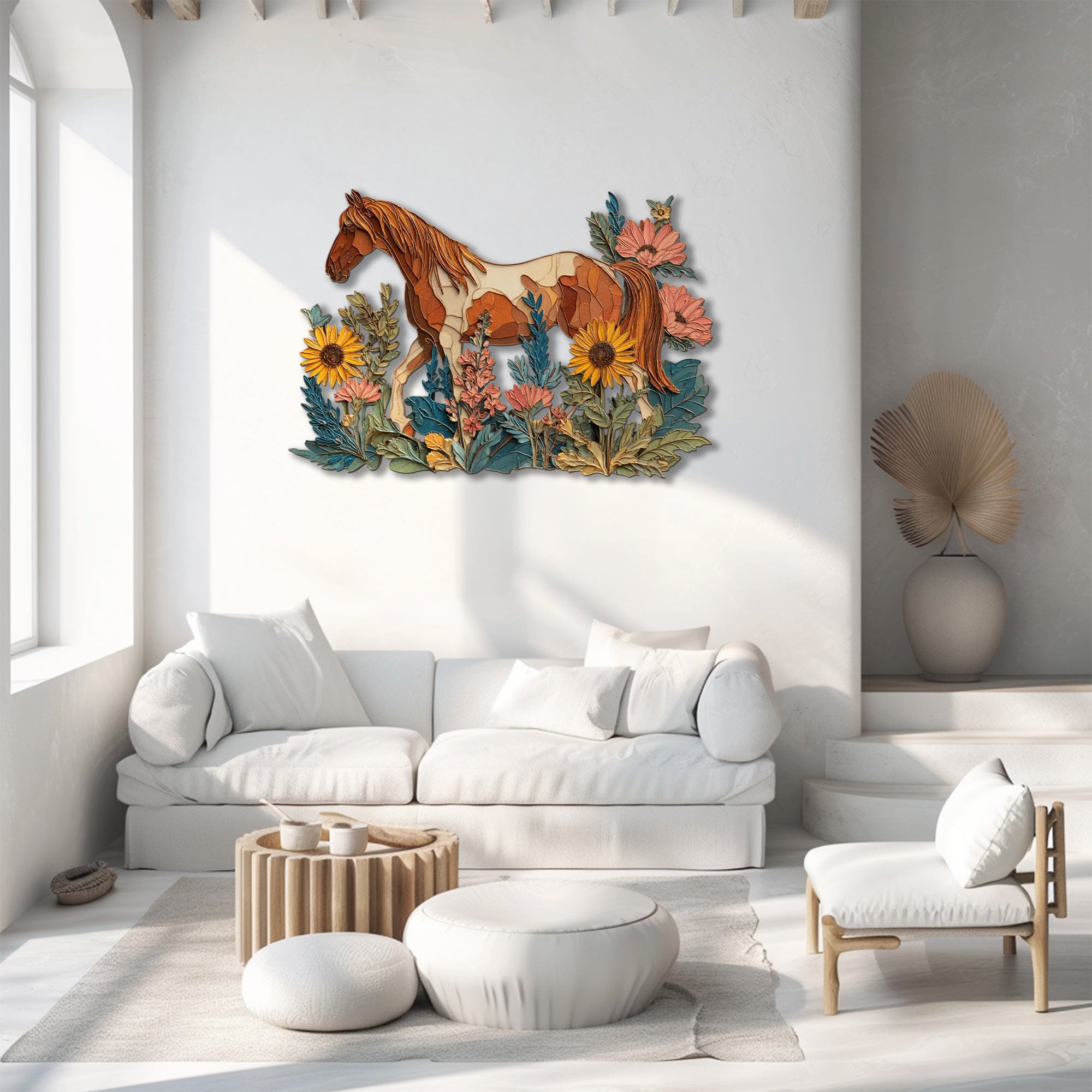 Floral horse metal wall art with wildflowers and rustic farmhouse styling 2