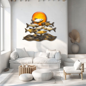 Golden sunset fish metal wall art with ocean waves coastal aluminum wall decor 2