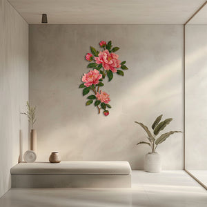 Pink peony branch metal wall art with elegant floral botanical design mounted on textured wall 2
