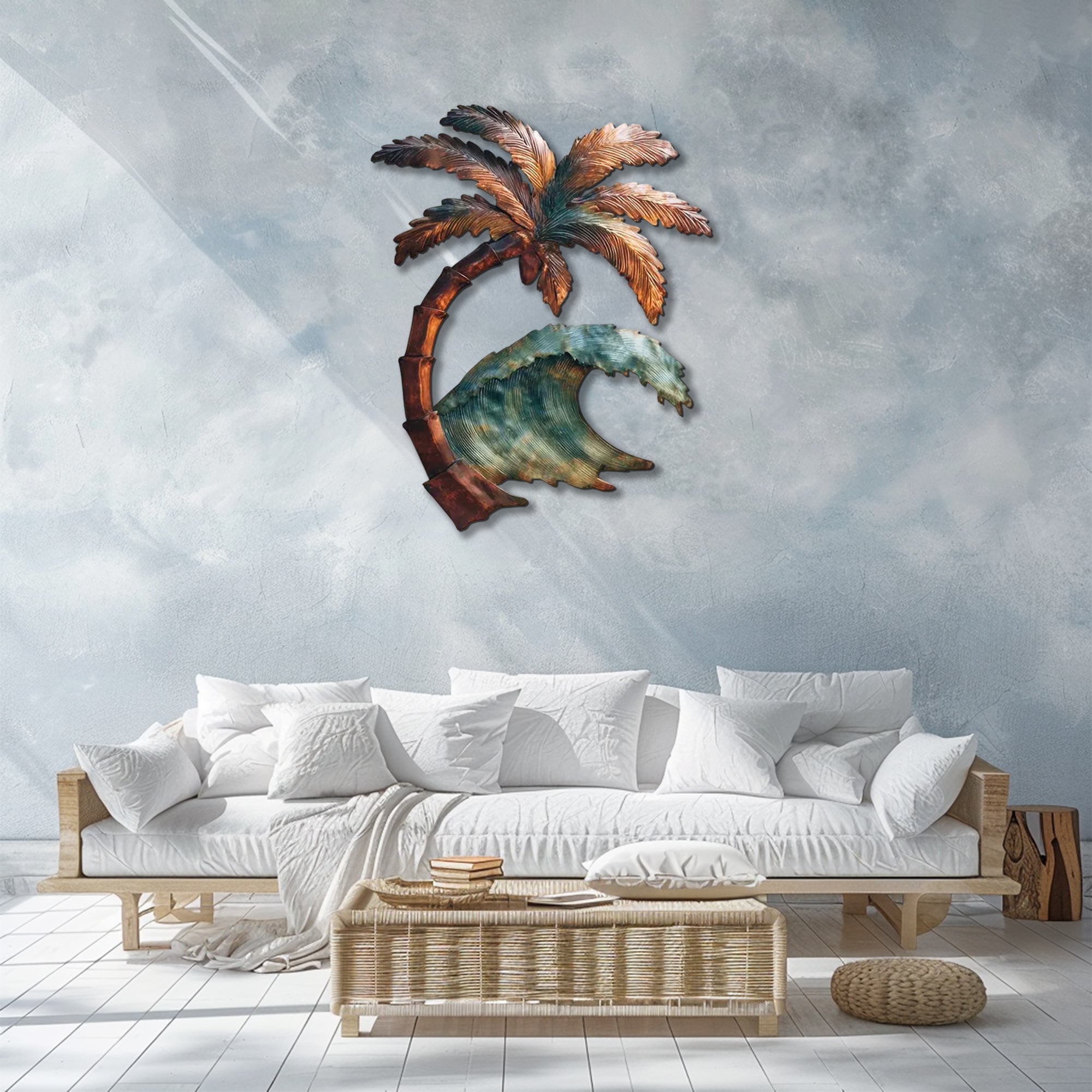 Palm tree ocean wave metal wall art with tropical coastal design mounted on beige wall 2