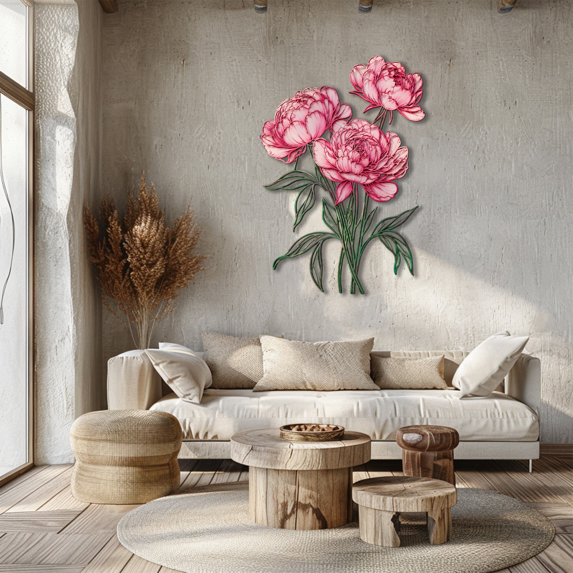 Pink peony flower metal wall art with elegant floral design mounted on textured wall 2