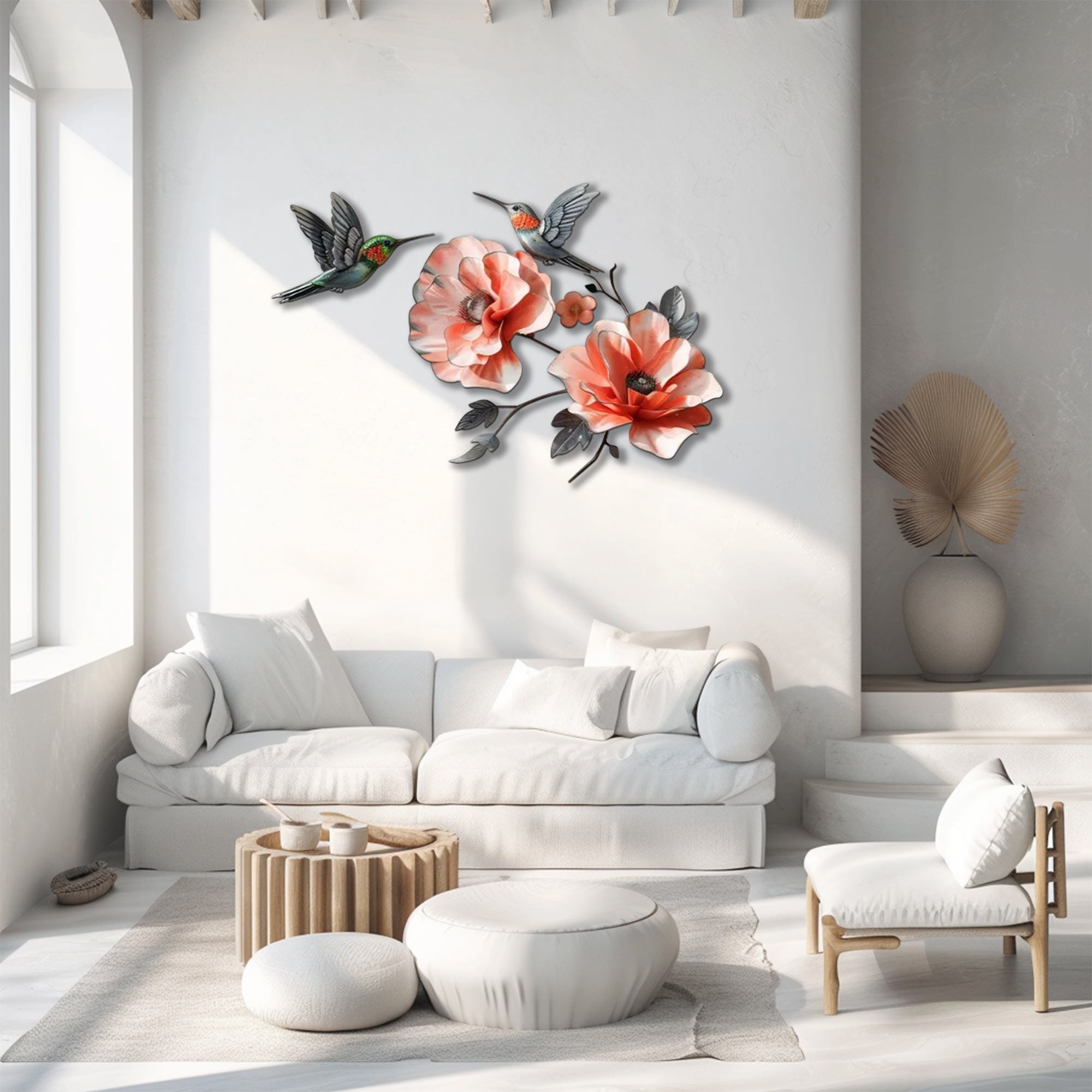 Hummingbird Poppy Flower UV printed aluminum metal wall art for floral living room and patio decor 2