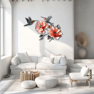 Hummingbird Poppy Flower UV printed aluminum metal wall art for floral living room and patio decor 2