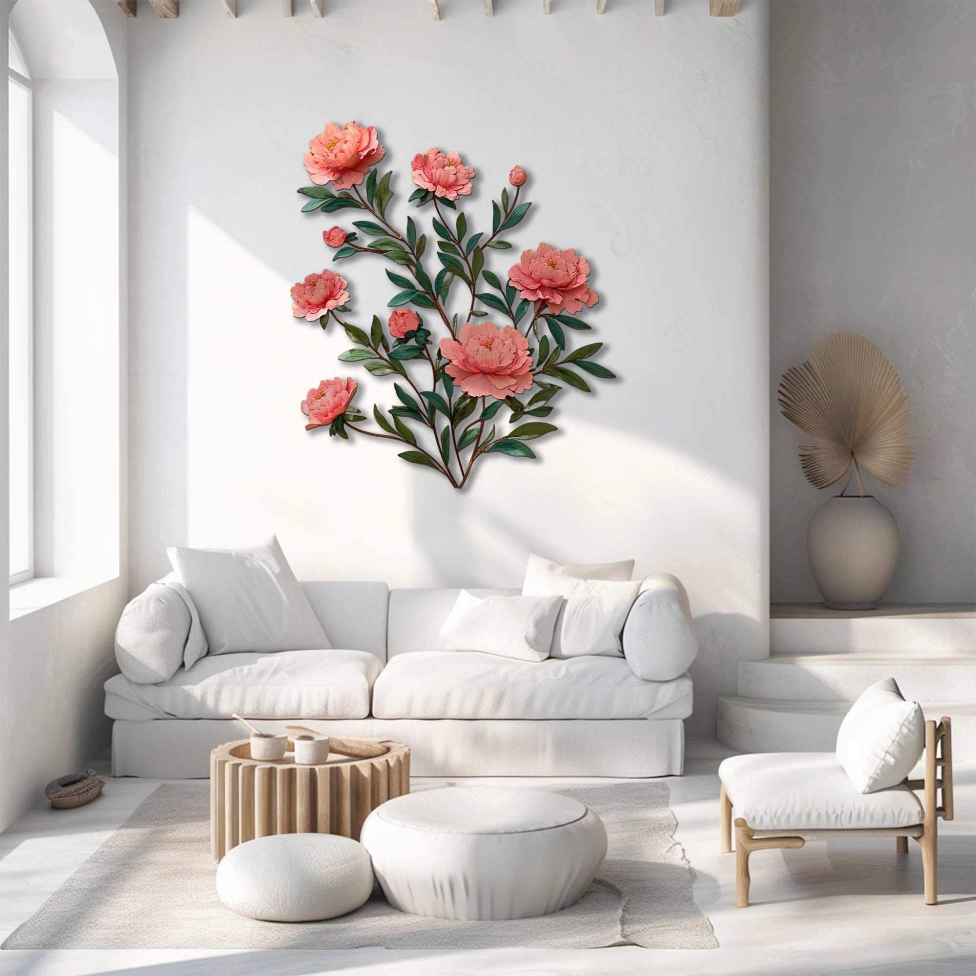 Soft pink peony metal wall art with elegant botanical floral branches mounted on textured wall 2