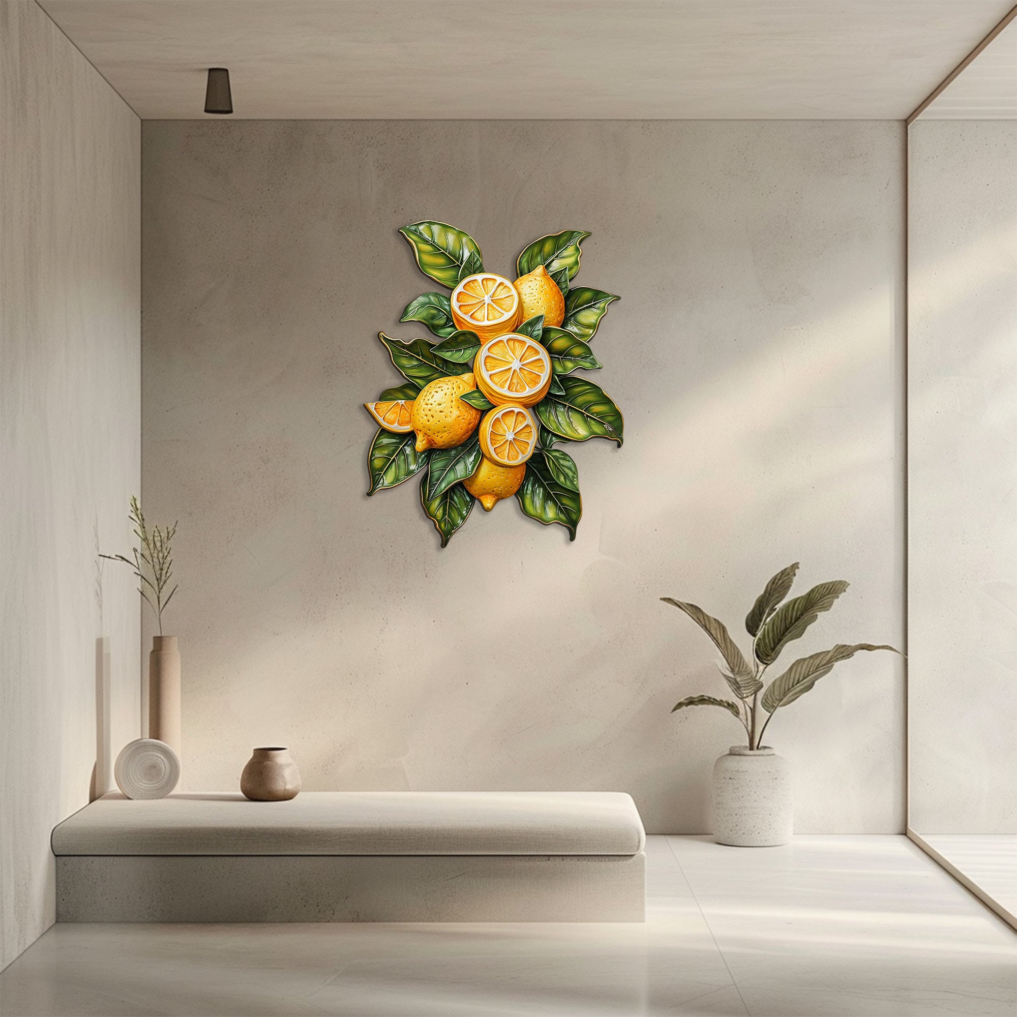 Lemon orchard metal wall art with vibrant citrus fruits and leafy botanical branches for Mediterranean kitchen decor 2