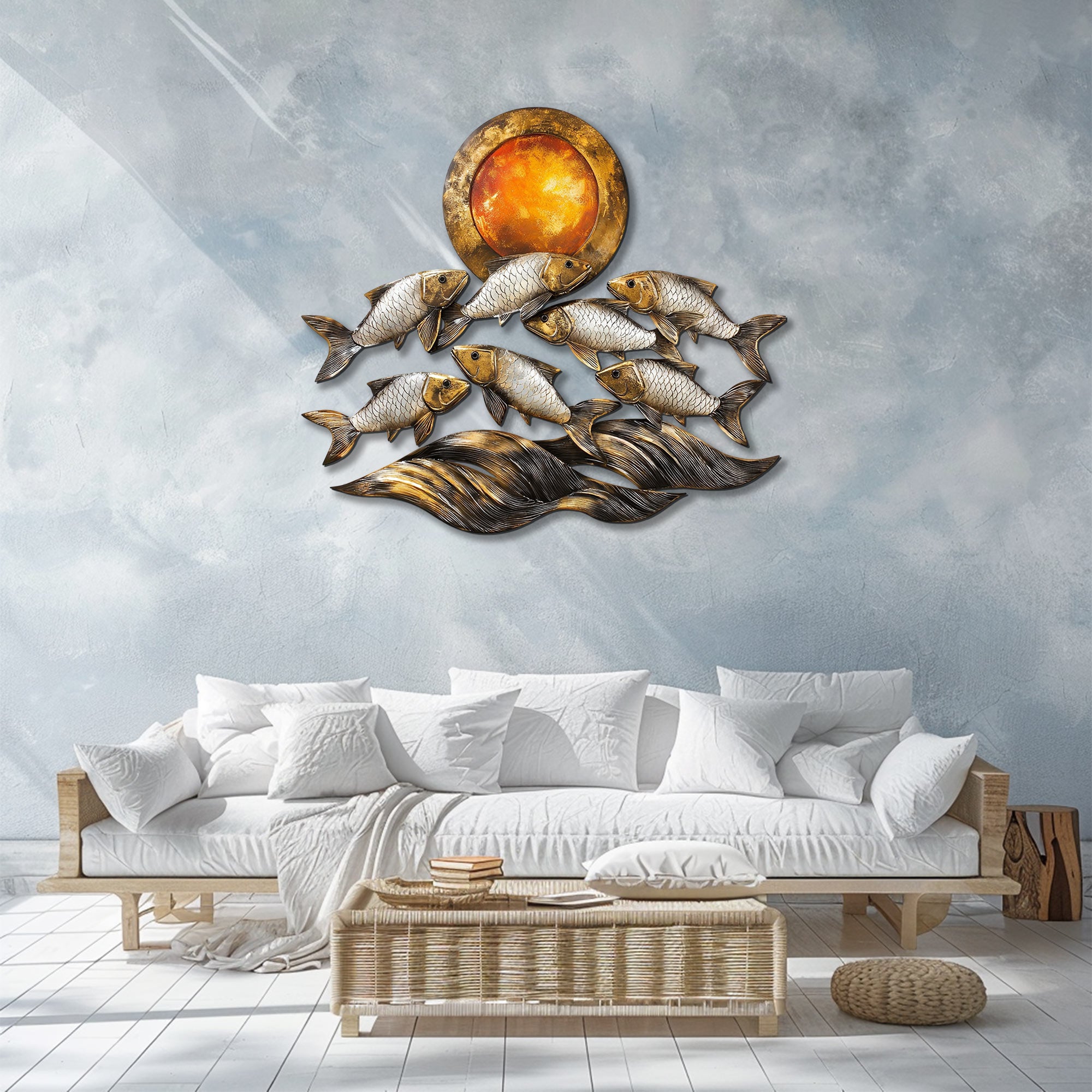 Silver fish metal wall art with ocean waves and sunset coastal aluminum wall decor 2