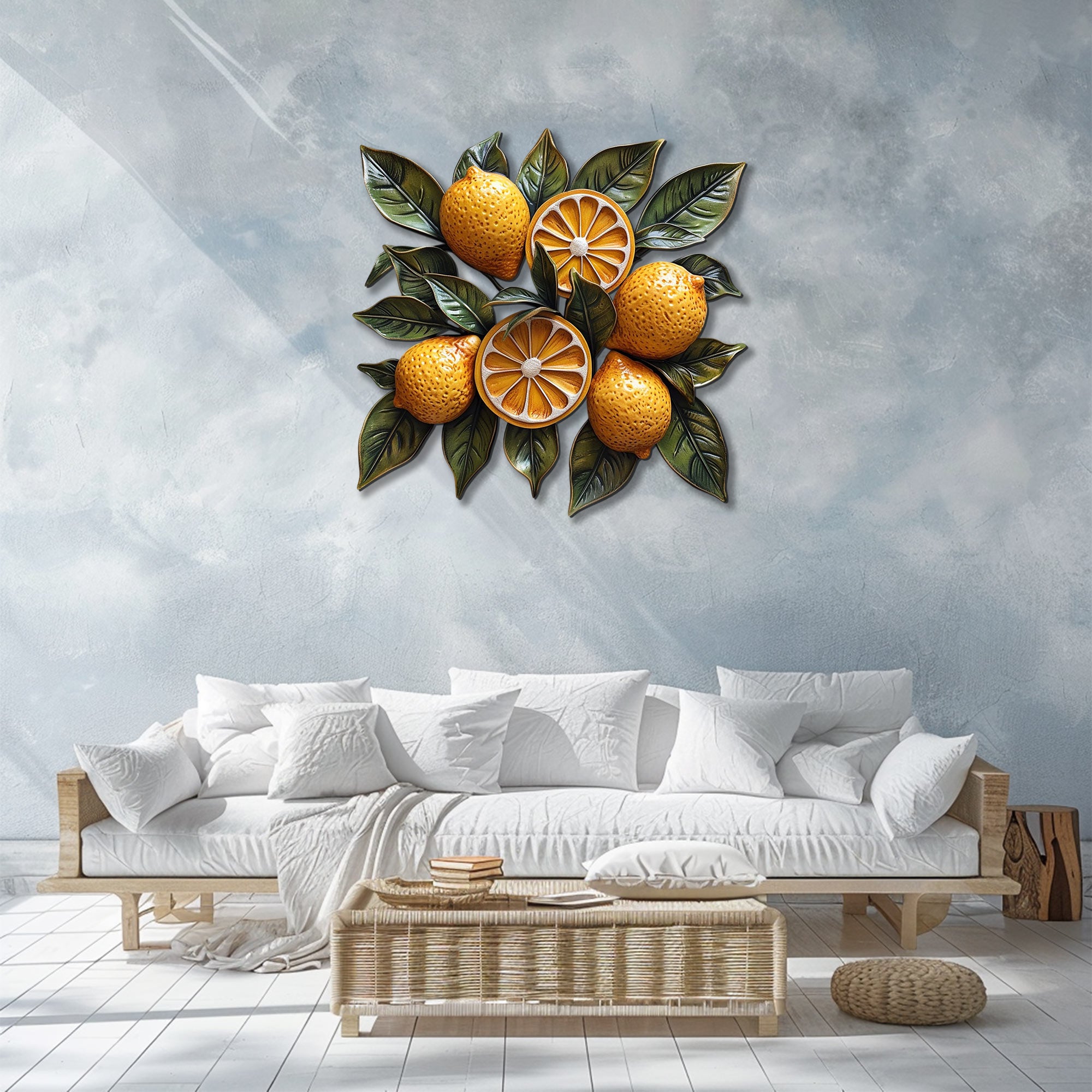 Lemon botanical metal wall art with vibrant citrus fruits and leafy branches for Mediterranean kitchen decor 2