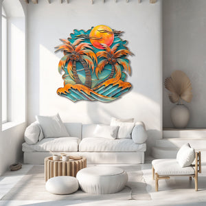 Coconut palm trees metal wall art with tropical coconuts orange sunset sky crashing turquoise waves and beach resort aluminum wall decor 3