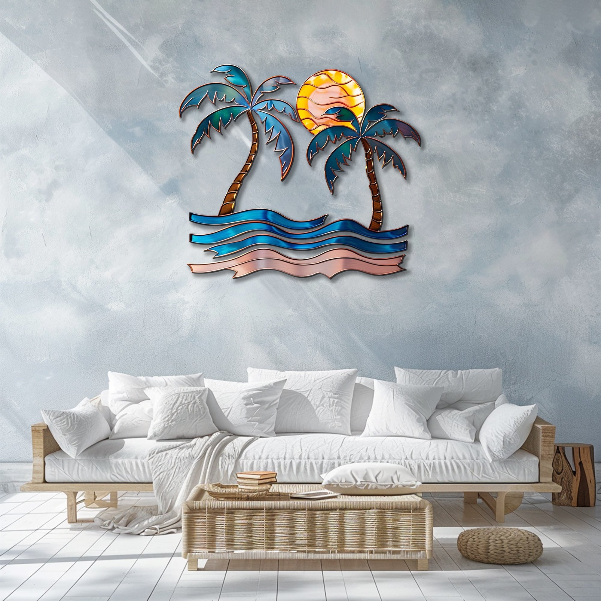 Palm trees sunset metal wall art with tropical palm trees ocean waves and golden sun coastal beach aluminum wall decor 3