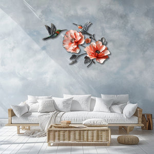 Hummingbird Poppy Flower UV printed aluminum metal wall art for floral living room and patio decor 3