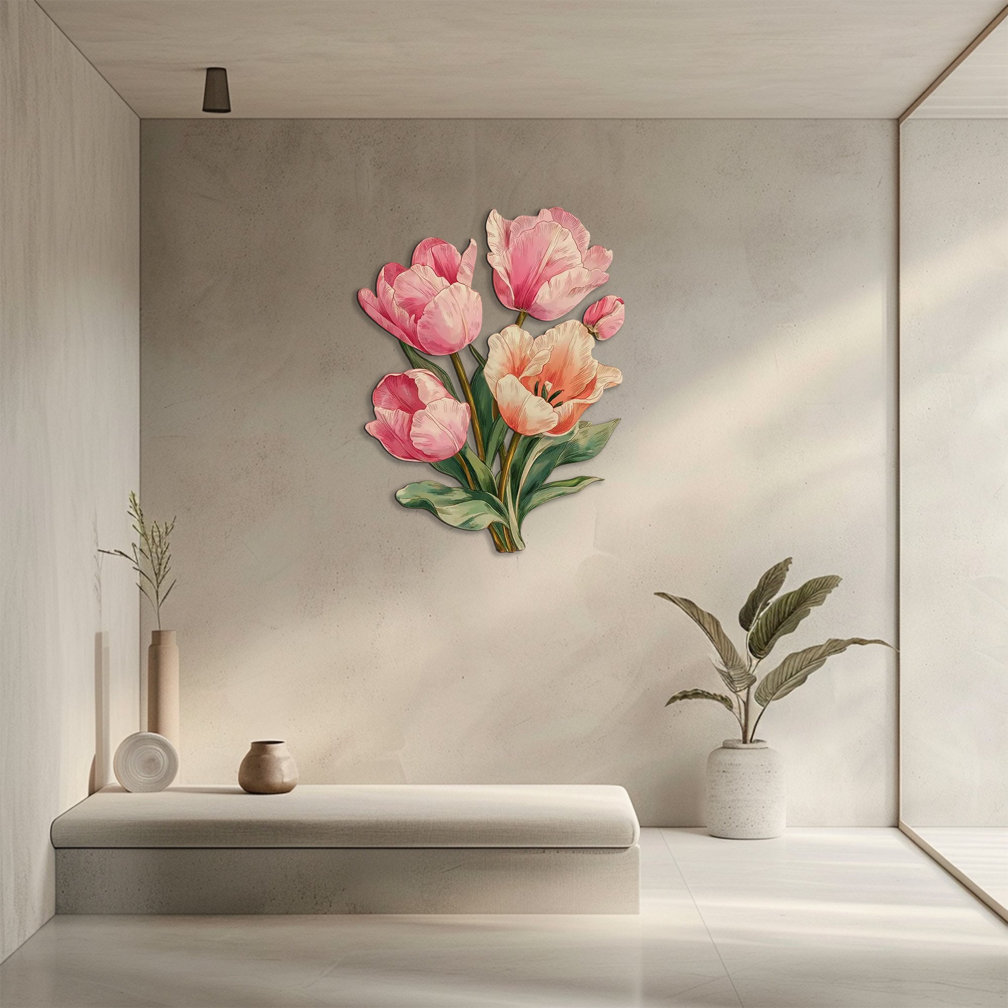 Pink tulip blossom metal wall art with elegant pastel floral design mounted on wall 3