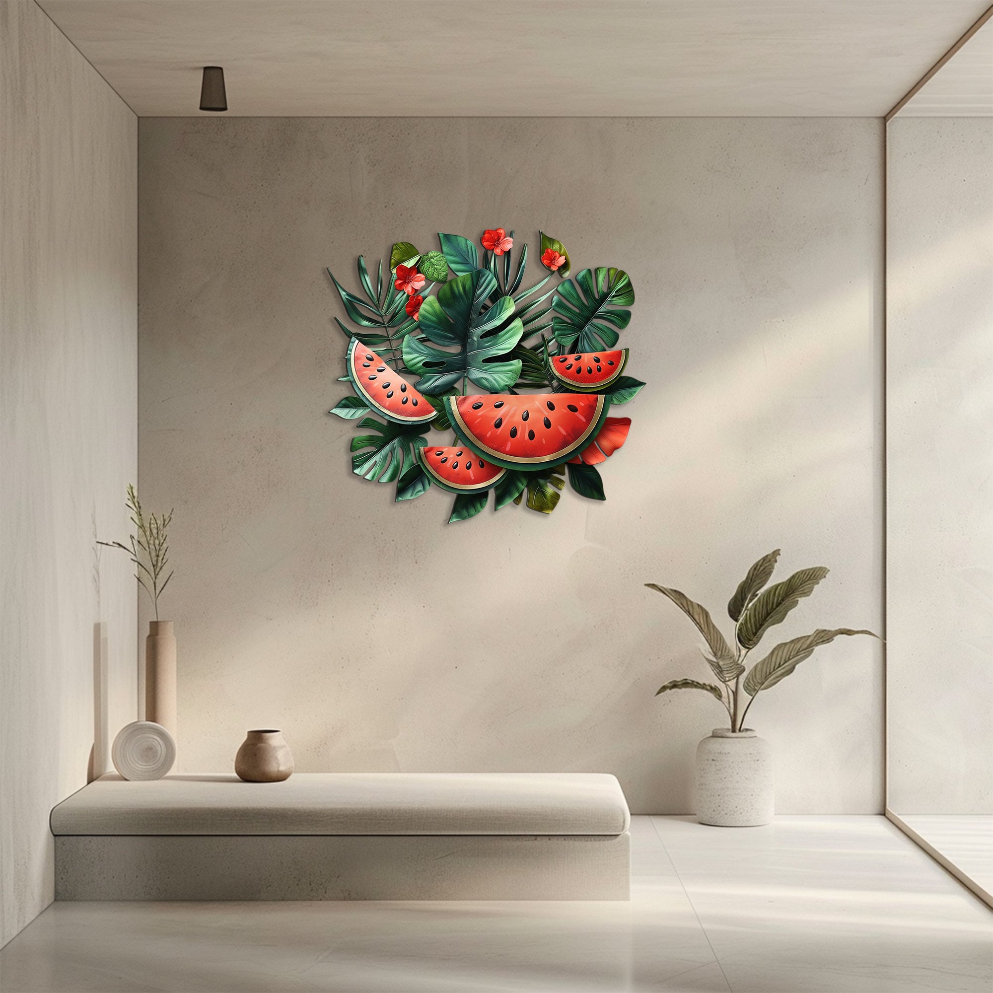 Tropical watermelon wall decor with exotic leaves for boho patio and kitchen spaces 3