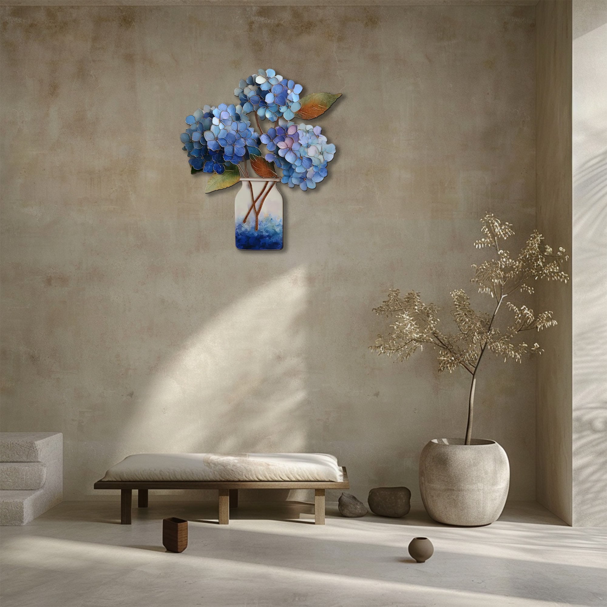 Blue hydrangea metal wall art with floral bouquet and rustic vase styling 3