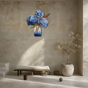 Blue hydrangea metal wall art with floral bouquet and rustic vase styling 3