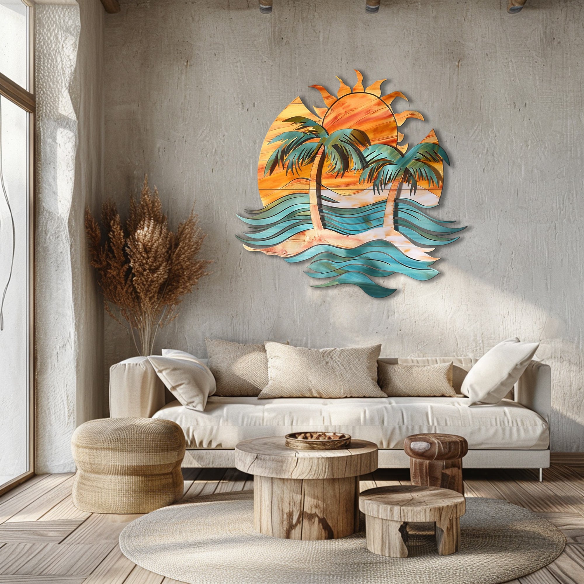 Tropical palm sunset metal wall art coastal beach decor 3