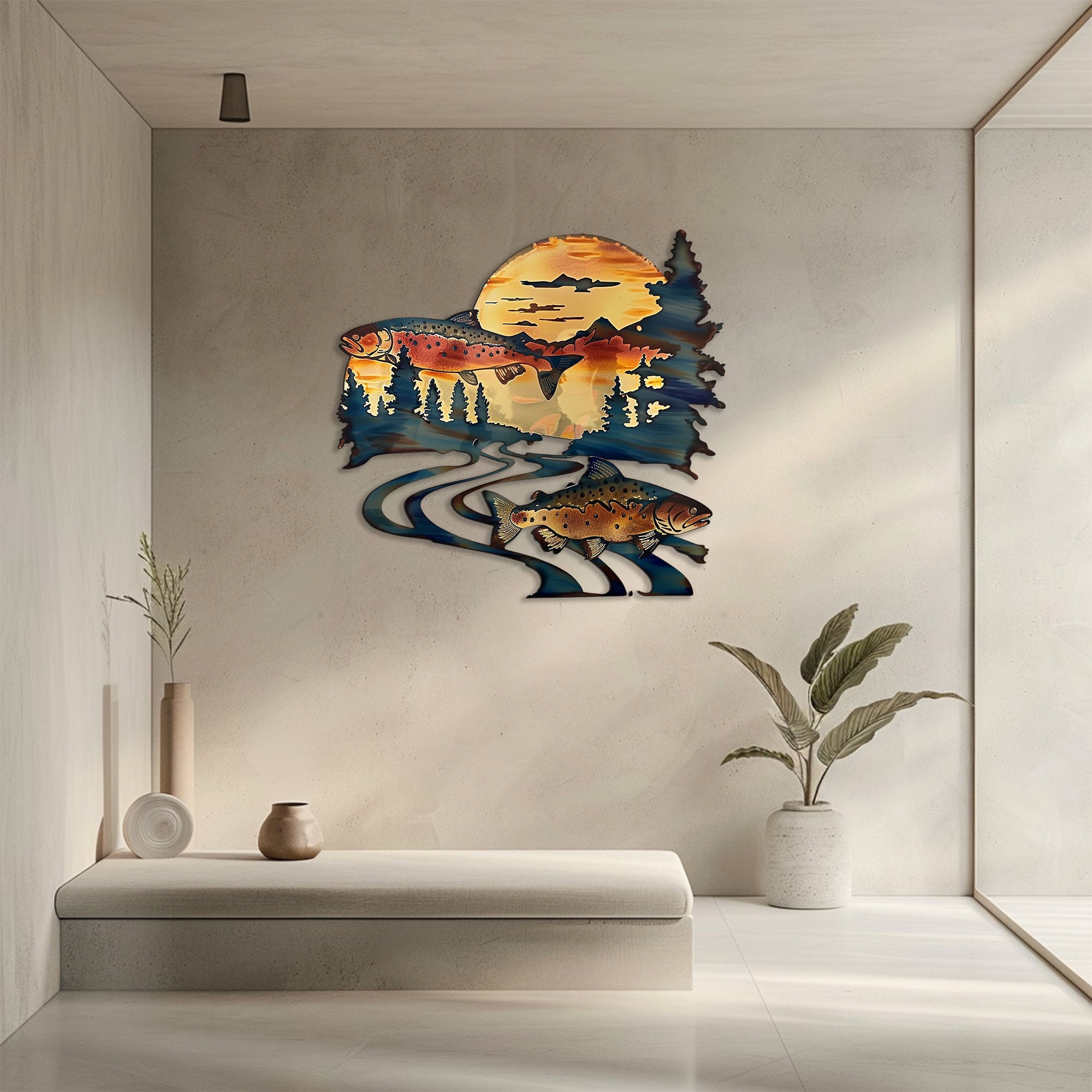 Twin trout fish metal wall art with dual leaping trout winding river mountain golden sunset rustic cabin pine trees wilderness aluminum wall decor 3
