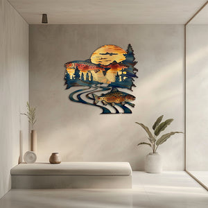 Twin trout fish metal wall art with dual leaping trout winding river mountain golden sunset rustic cabin pine trees wilderness aluminum wall decor 3