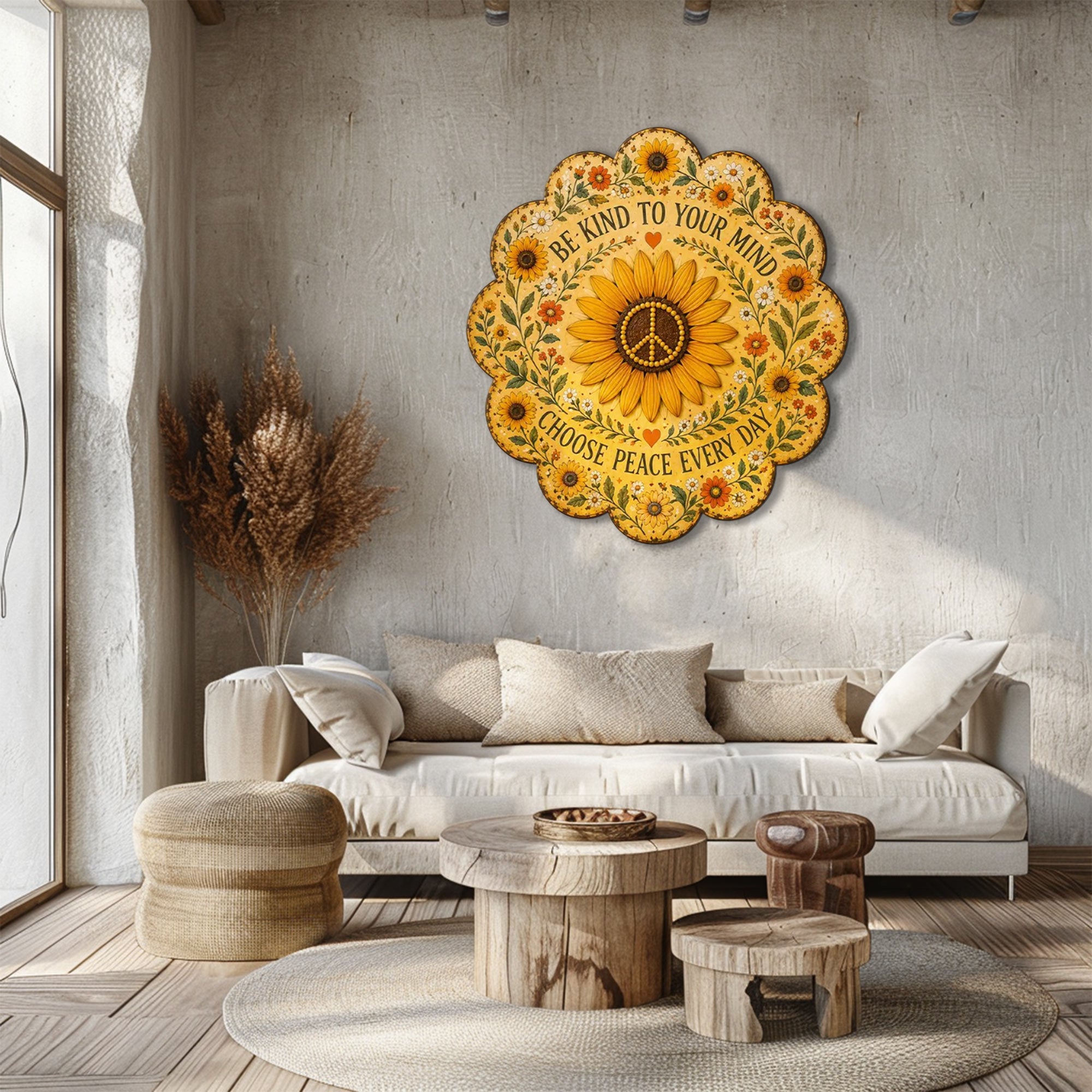 Be Kind Sunflower Peace UV printed aluminum metal wall art for inspirational floral living room bedroom and patio decor 4