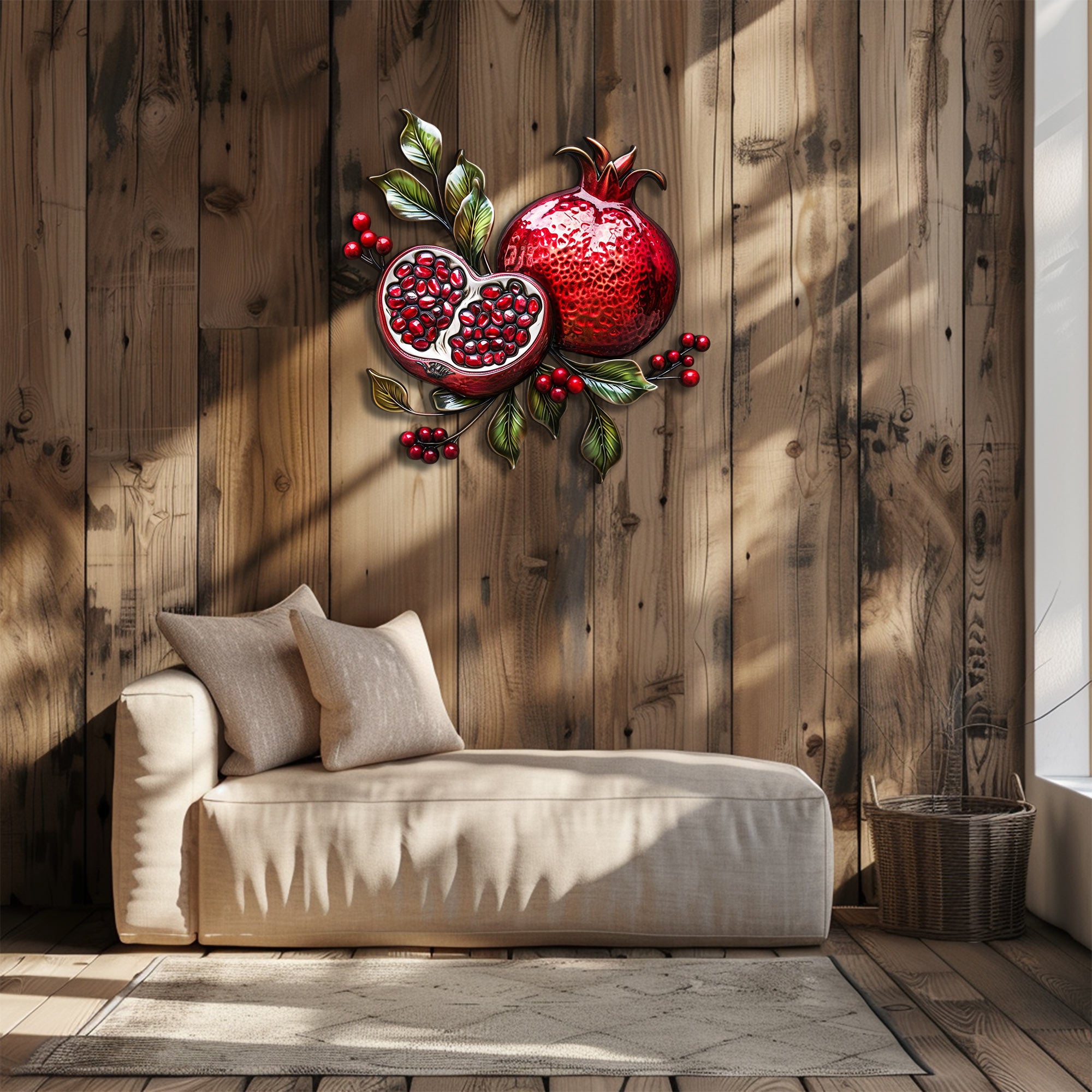 Pomegranate metal wall art with vibrant ruby-red fruit and botanical leaves for Mediterranean kitchen decor 3