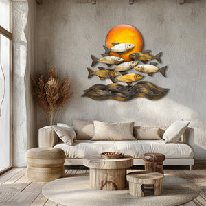 Golden sunset fish metal wall art with ocean waves coastal aluminum wall decor 3