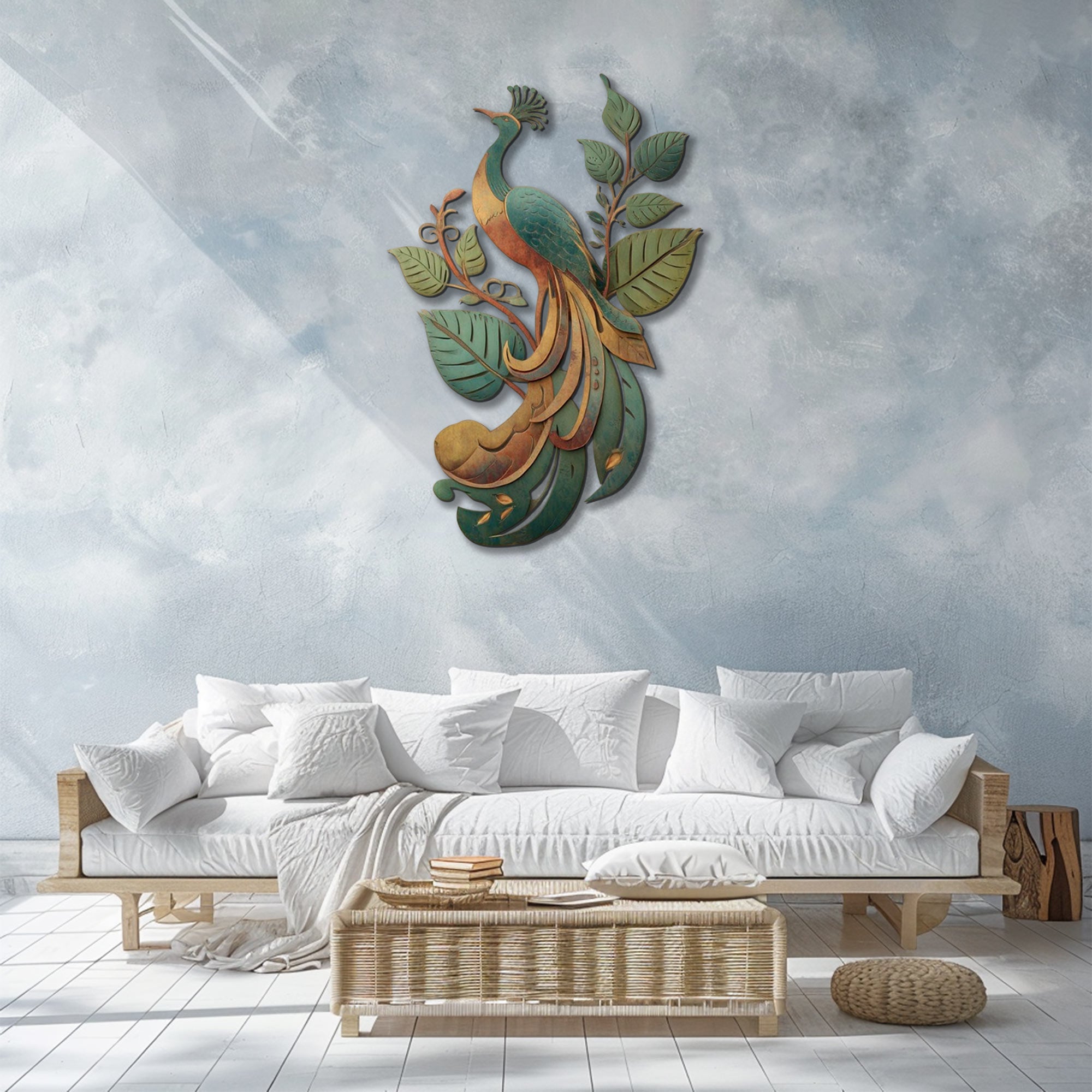 Peacock Leaf UV printed aluminum metal wall art for tropical patio garden and living room decor 4