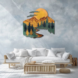 Mountain river sunset metal wall art with pine trees winding river stream and giant golden sun rustic cabin aluminum wall decor 3