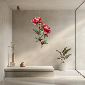 Pink peony stem metal wall art with elegant floral botanical design mounted on textured wall 3