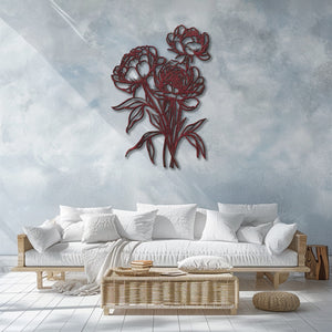 Peony outline metal wall art with elegant floral botanical line art design mounted on textured wall 3