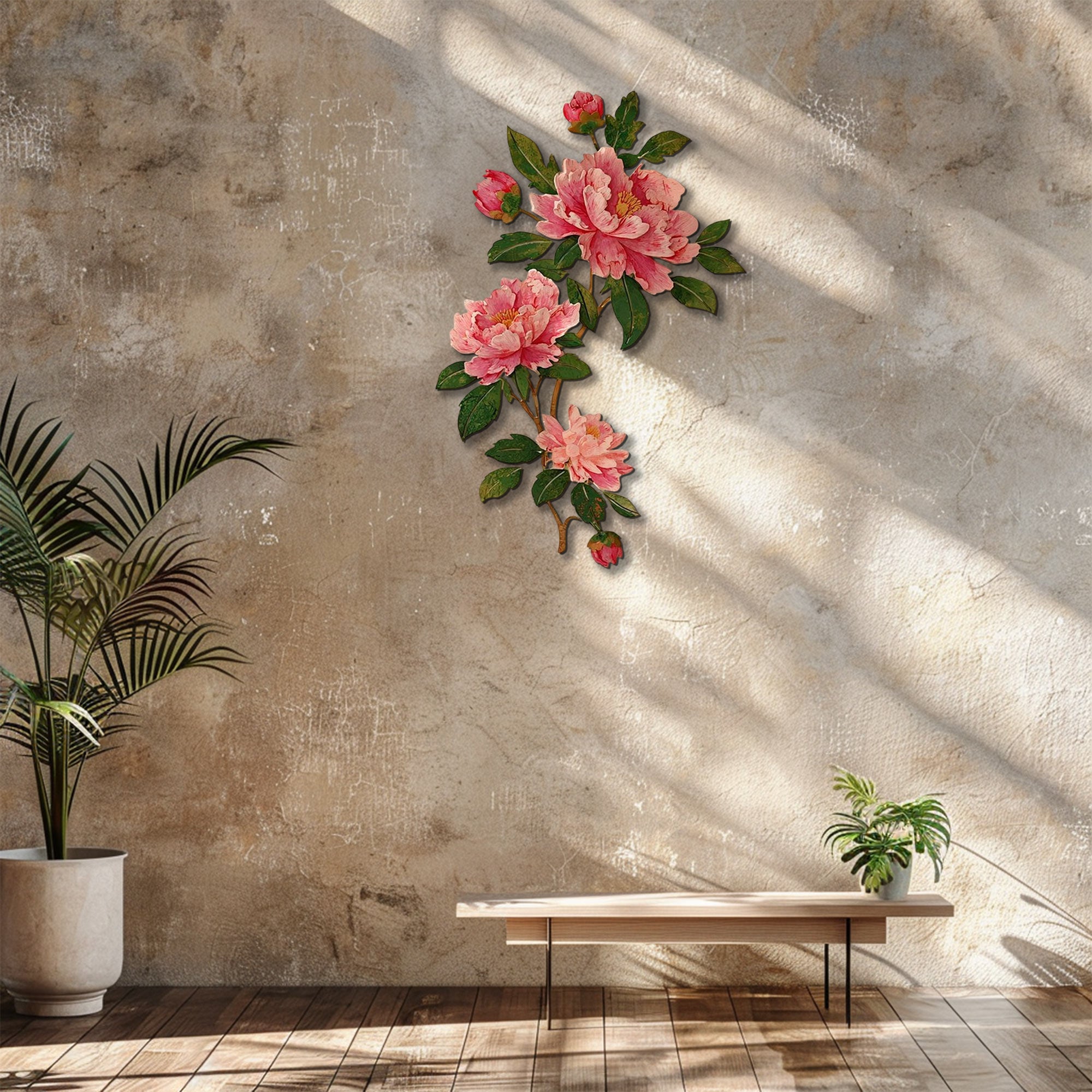 Pink peony branch metal wall art with elegant floral botanical design mounted on textured wall 3
