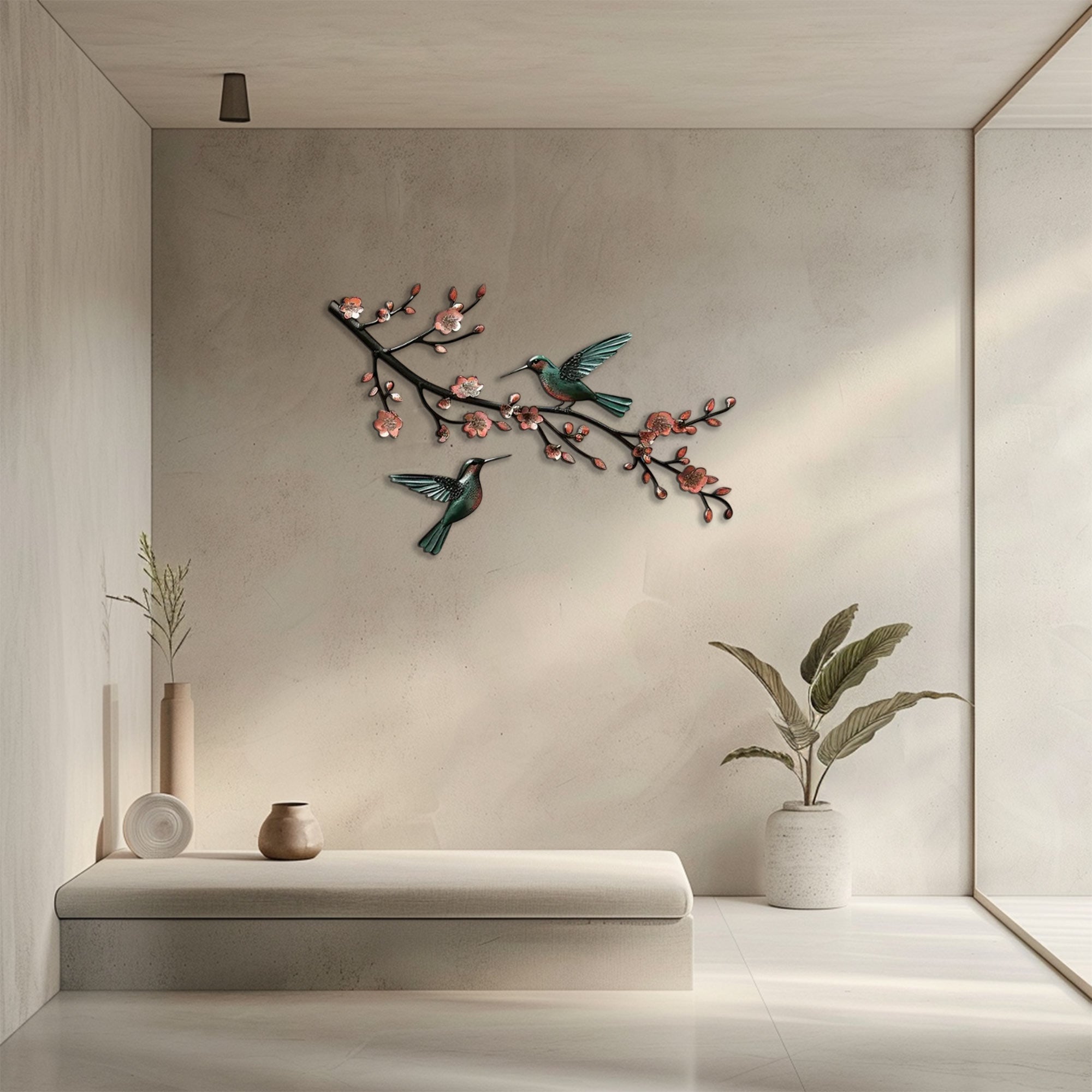 Hummingbird Cherry Blossom UV printed aluminum metal wall art for floral living room and patio decor 4