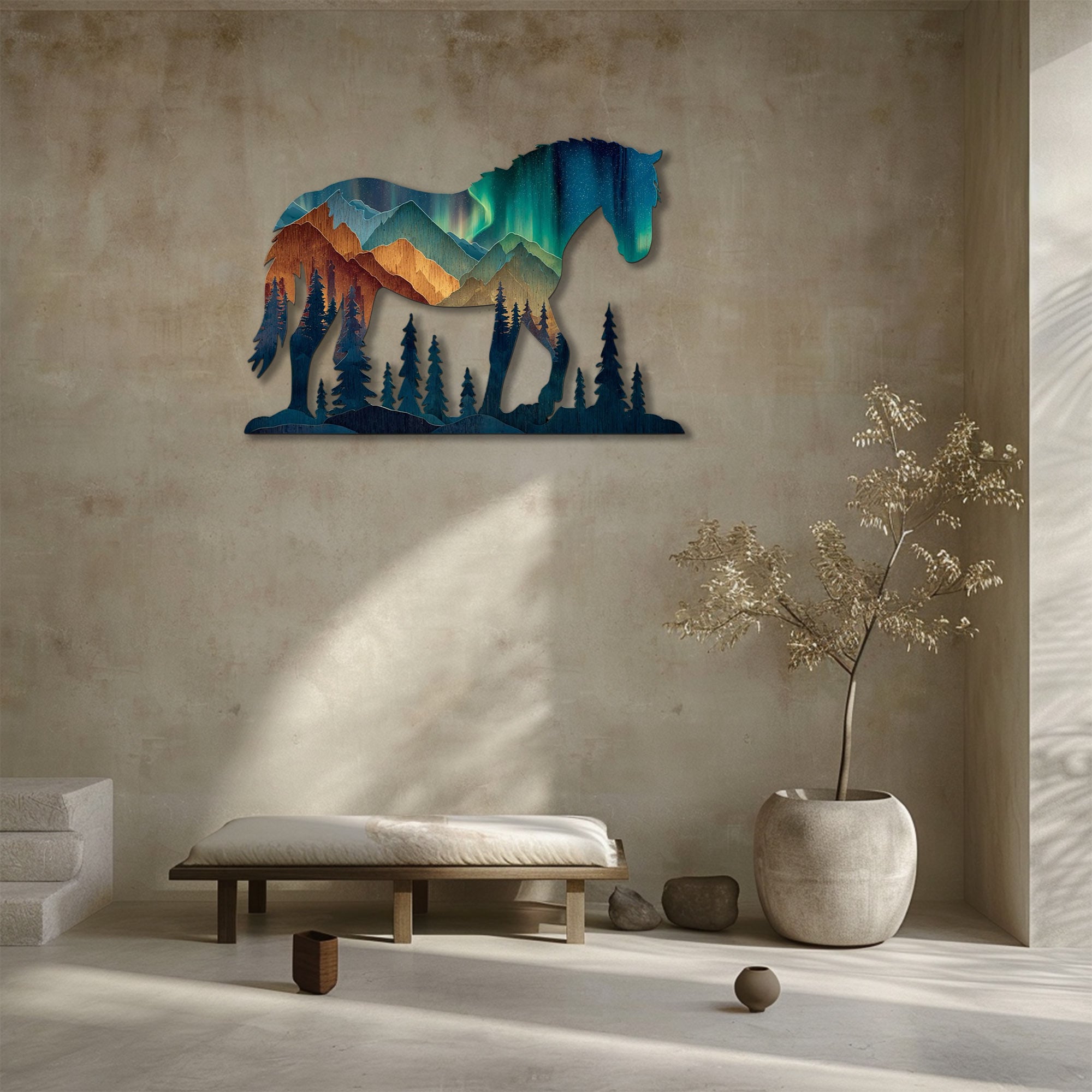 Aurora horse metal wall art with mountain landscape and northern lights wilderness scenery 3