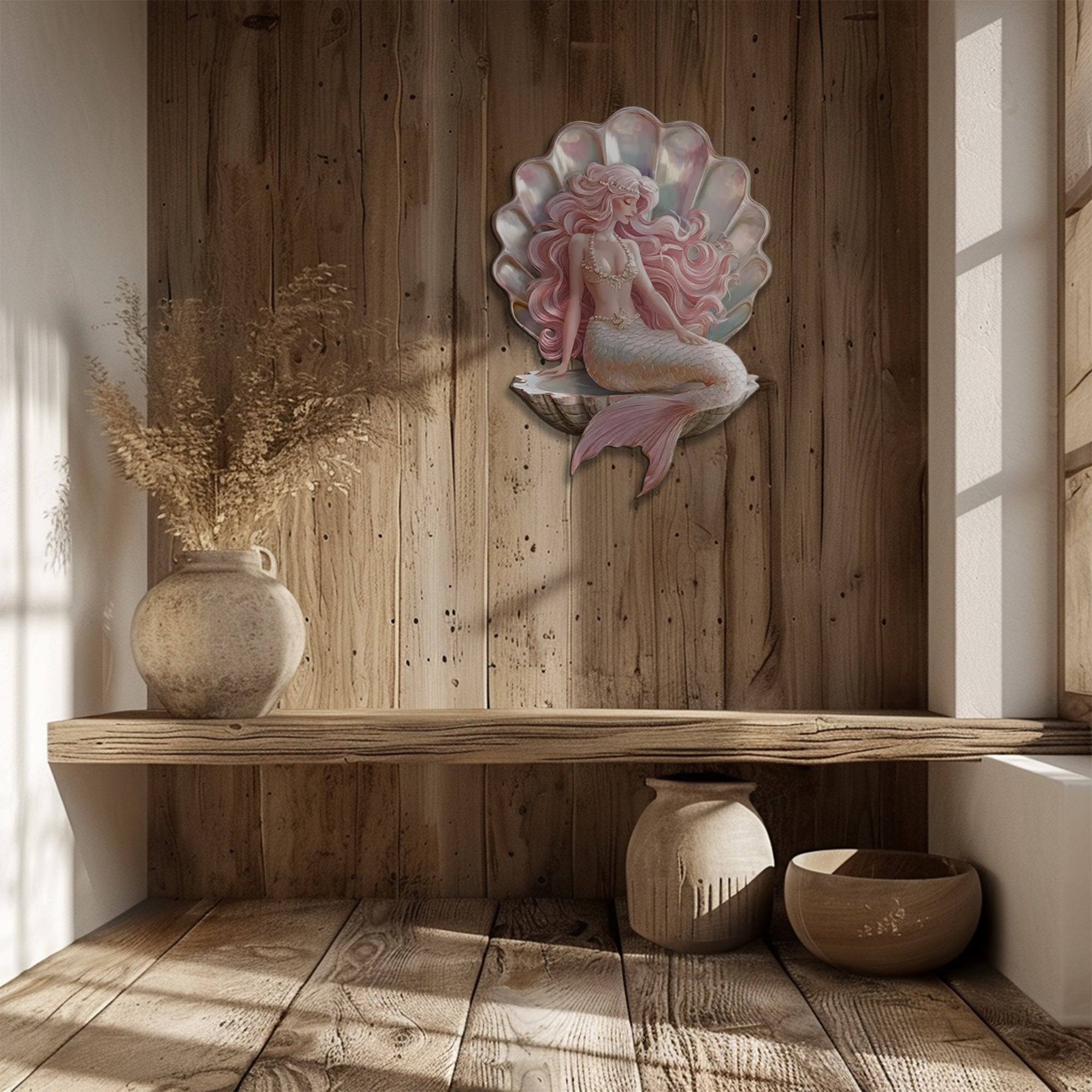 Mermaid Shell UV printed aluminum metal wall art for pastel ocean bedroom nursery and beach house decor 4