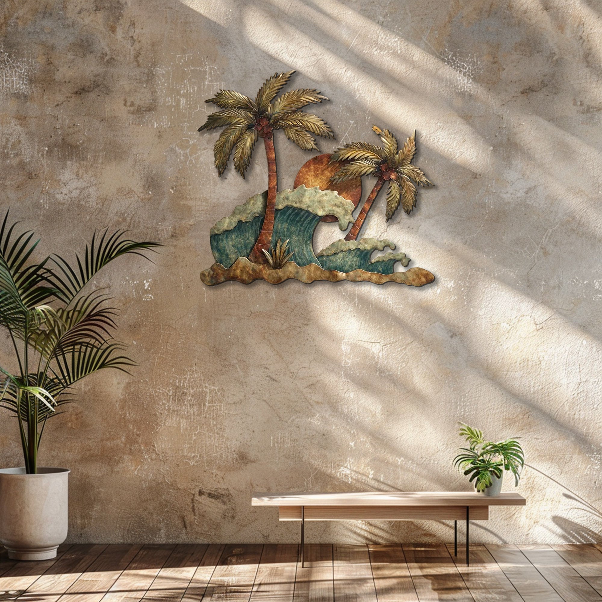 Tropical ocean wave metal wall art with palm trees and sunset coastal design mounted on textured wall 3