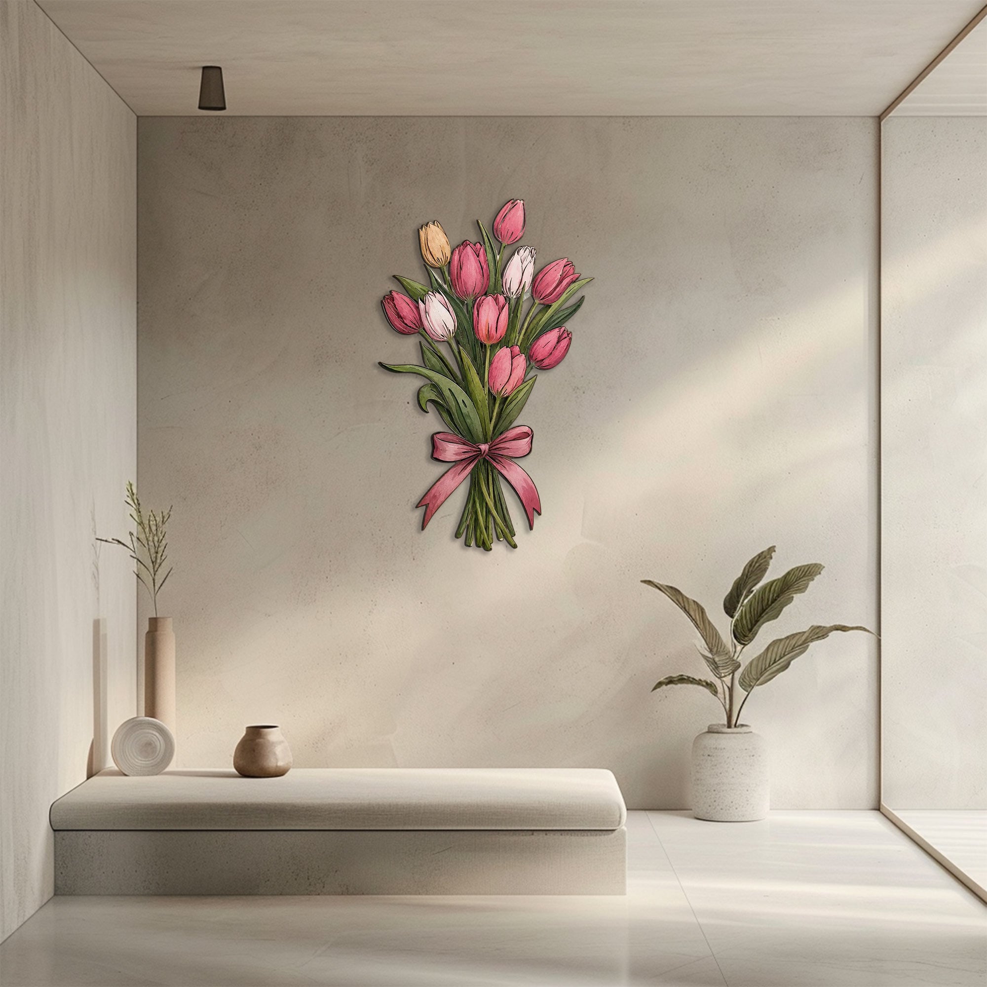 Pink tulip bouquet metal wall art displayed on beige wall with soft floral pastel colors 3