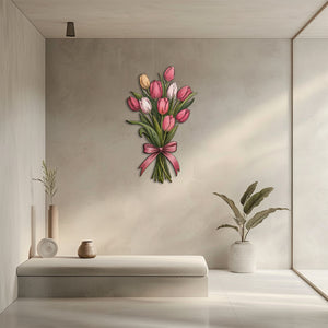 Pink tulip bouquet metal wall art displayed on beige wall with soft floral pastel colors 3