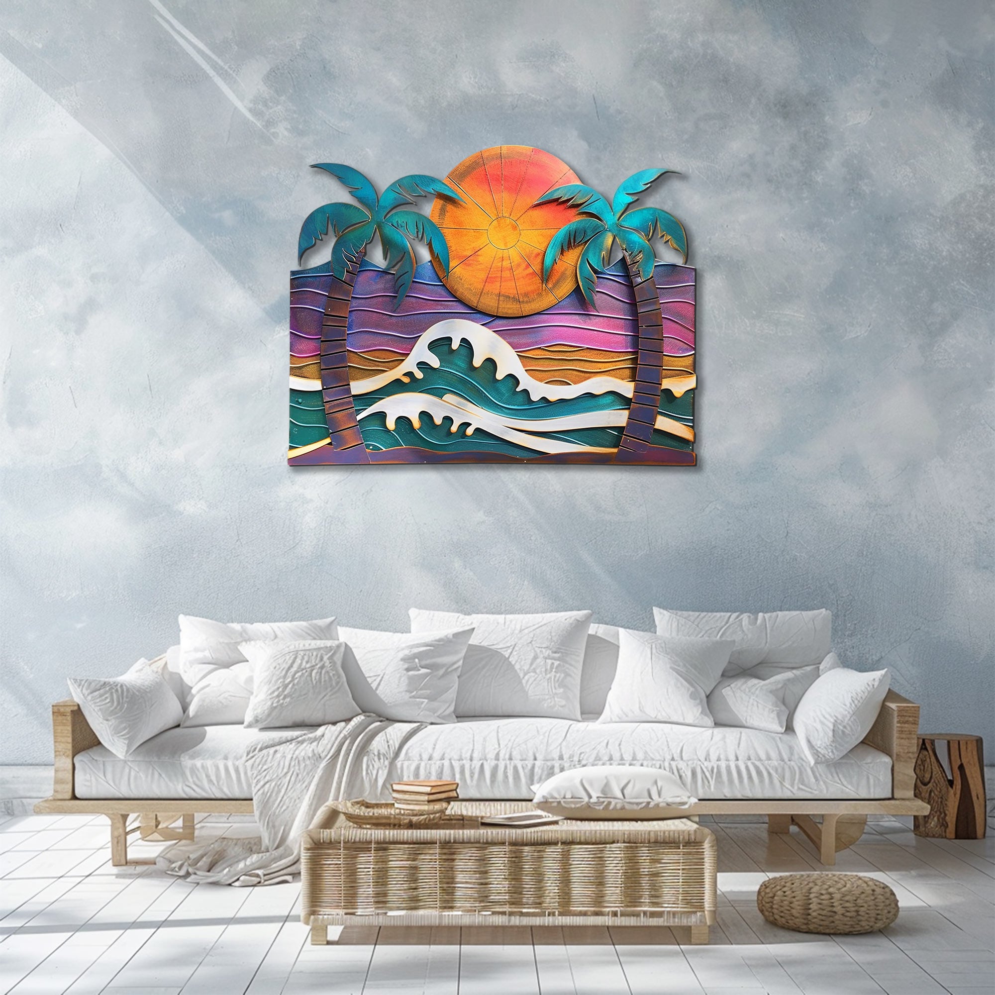 Modern ocean wave palm trees metal wall art with crashing whitecap waves purple sunset sky and framed tropical palm trees aluminum wall decor 3