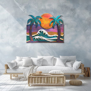 Modern ocean wave palm trees metal wall art with crashing whitecap waves purple sunset sky and framed tropical palm trees aluminum wall decor 3