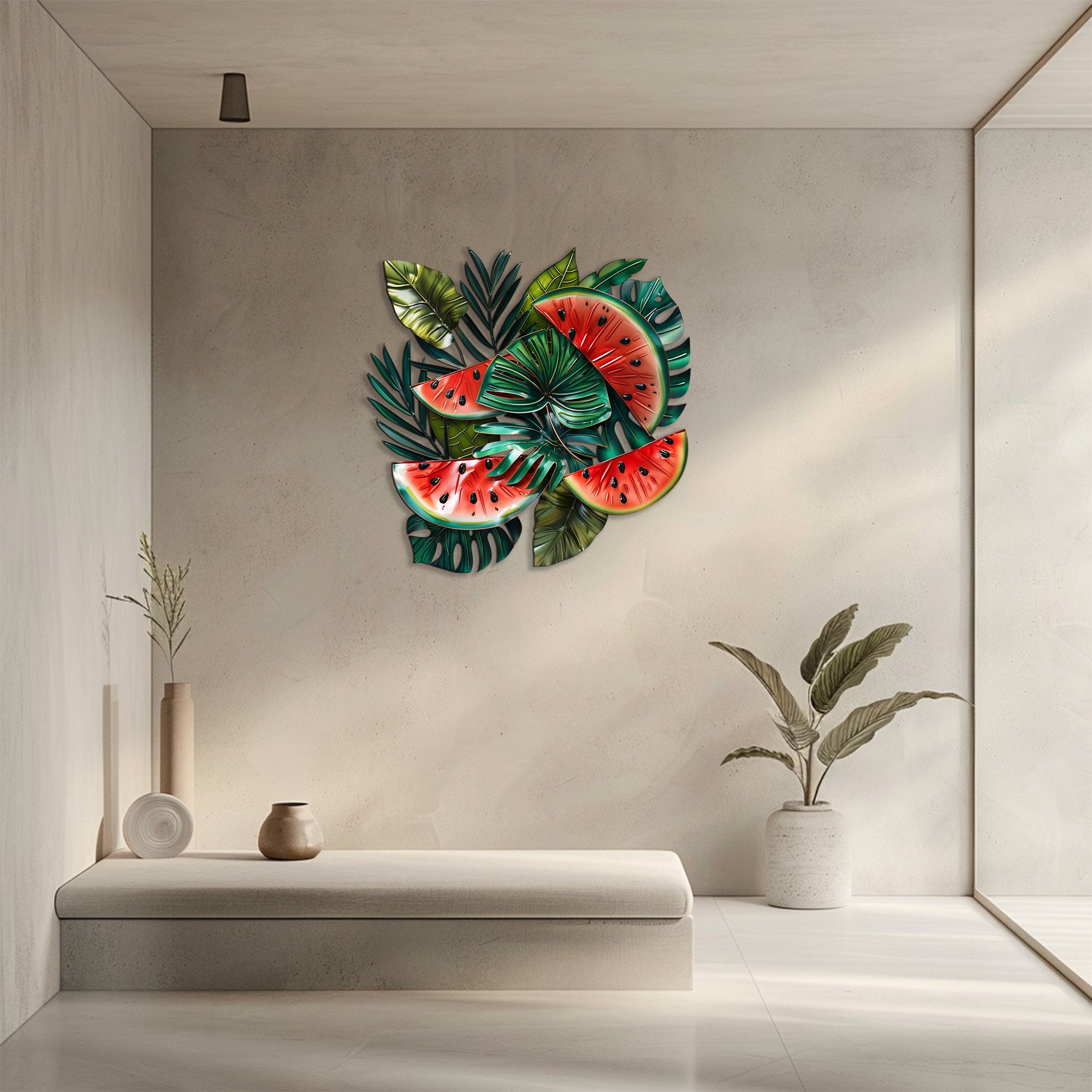 Tropical watermelon metal wall art with lush botanical leaves for summer kitchen decor 3