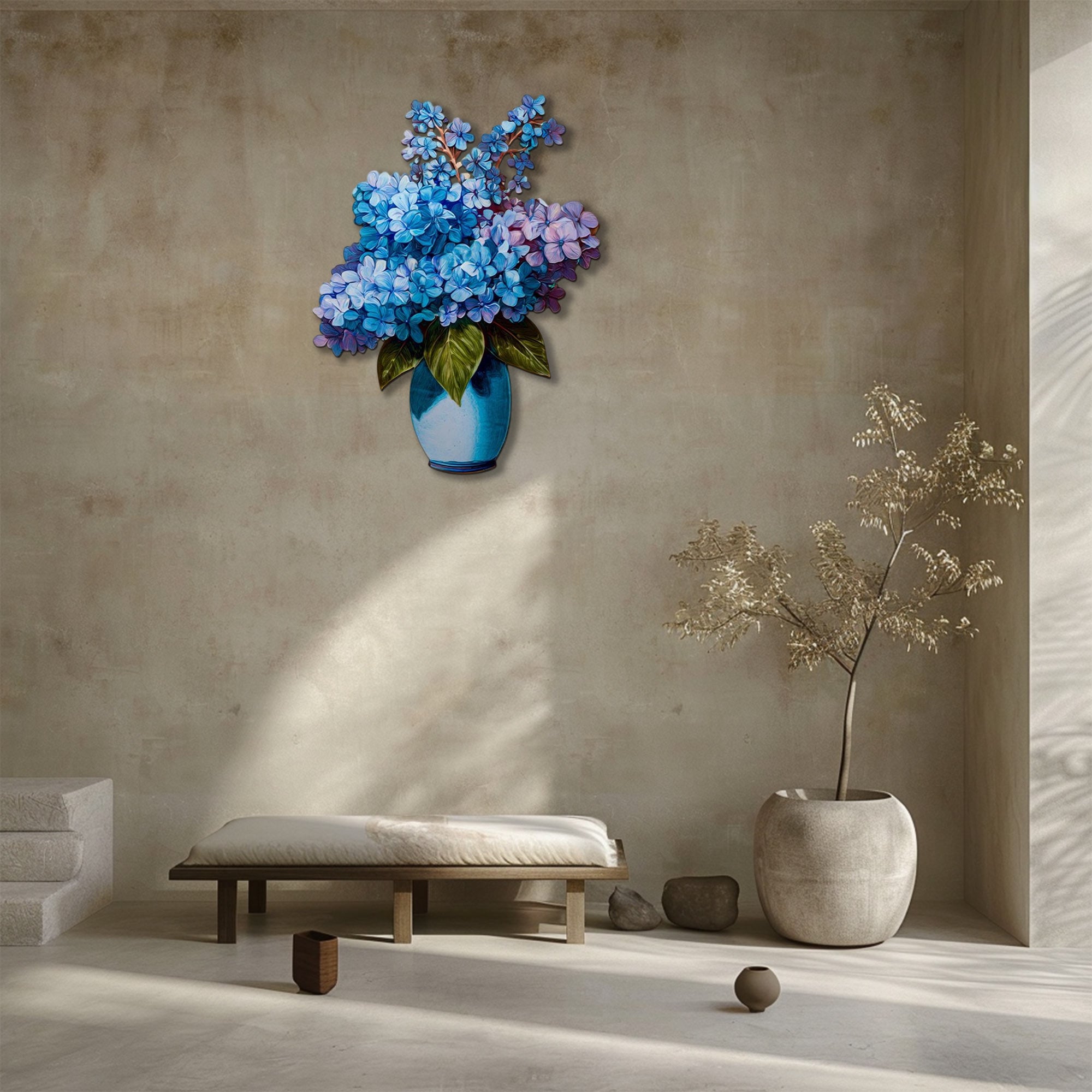 Blue hydrangea bouquet metal wall art with floral vase arrangement 3