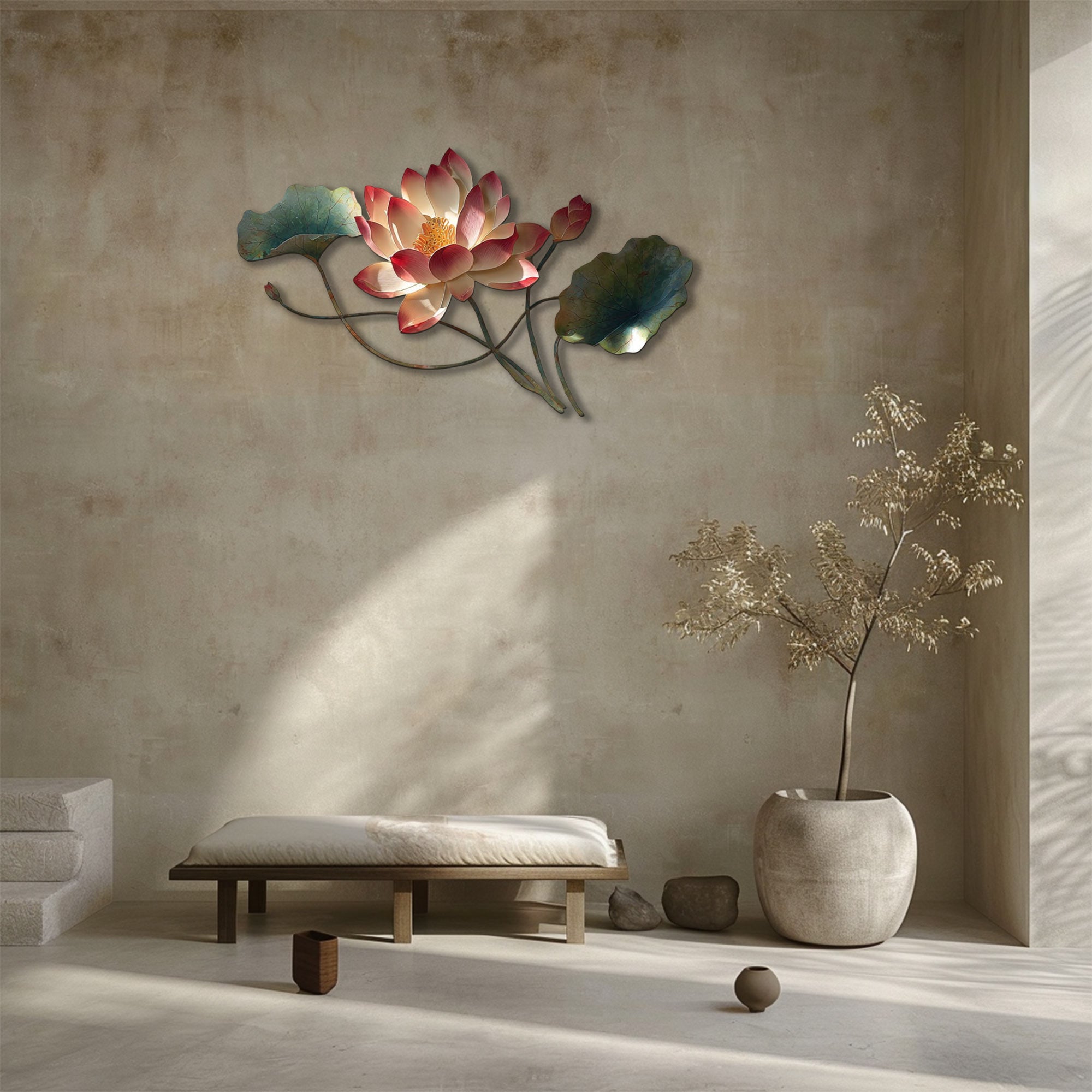 Botanical lotus metal wall art with faux 3D artwork for minimalist decor 3