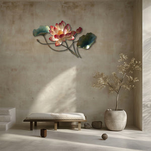Botanical lotus metal wall art with faux 3D artwork for minimalist decor 3