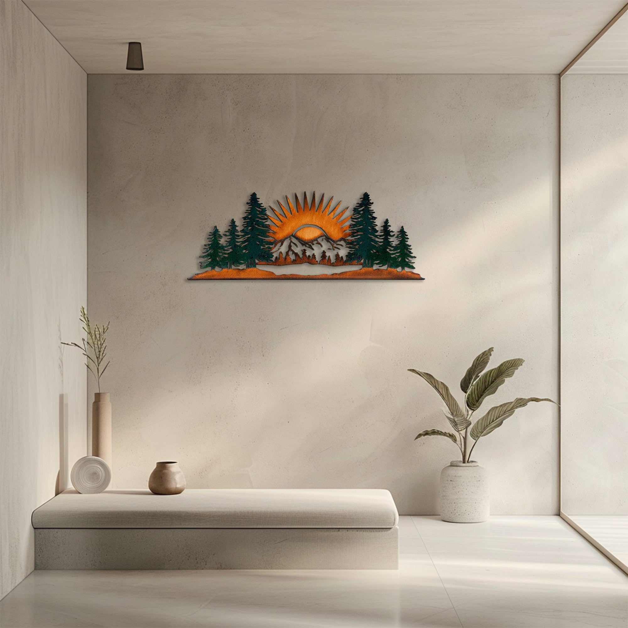 Mountain Pine Forest Sunrise UV printed aluminum metal wall art for rustic cabin patio and living room decor 3