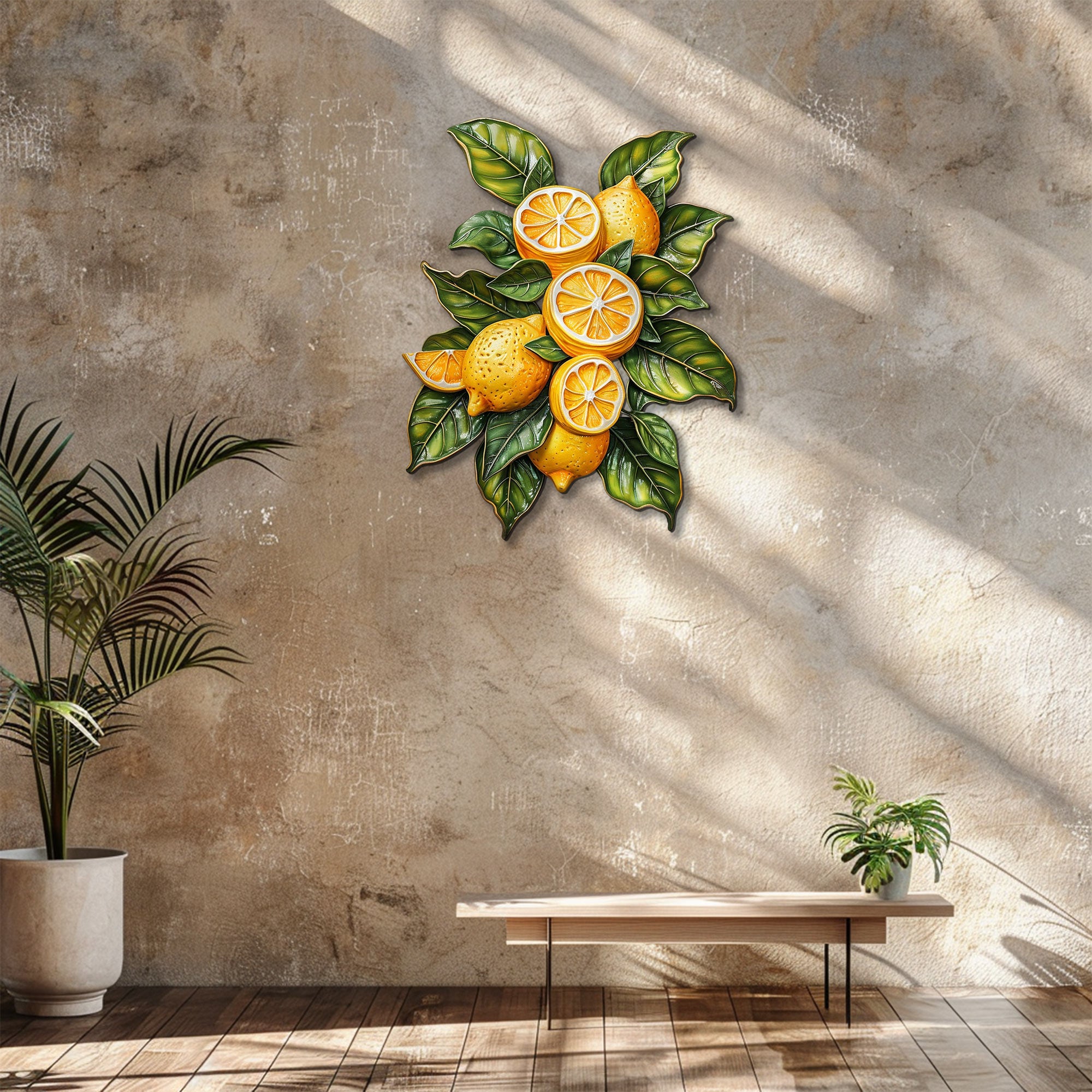 Lemon orchard metal wall art with vibrant citrus fruits and leafy botanical branches for Mediterranean kitchen decor 3