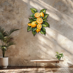 Lemon orchard metal wall art with vibrant citrus fruits and leafy botanical branches for Mediterranean kitchen decor 3
