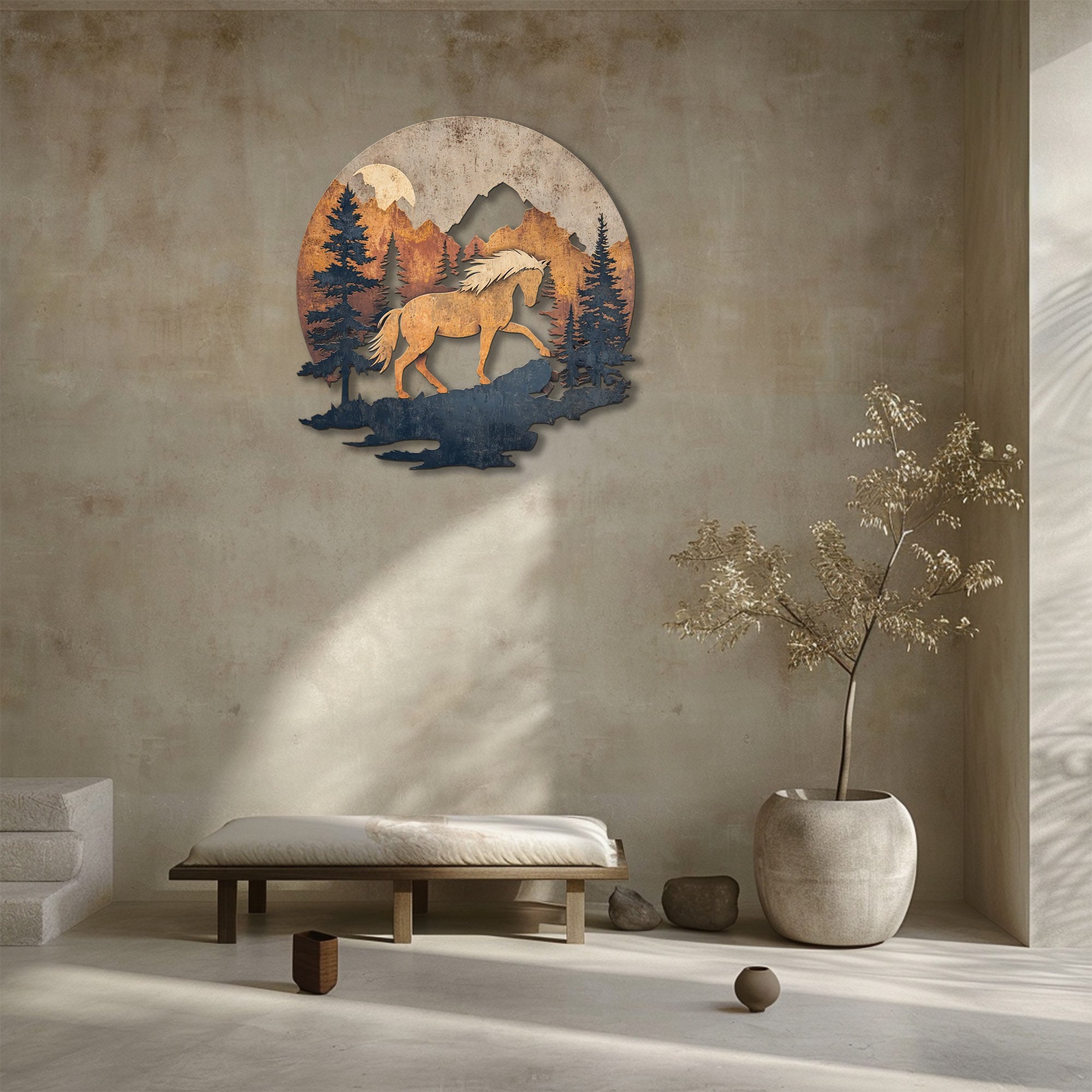 Mountain horse metal wall art with pine forest and rustic wilderness scenery 3