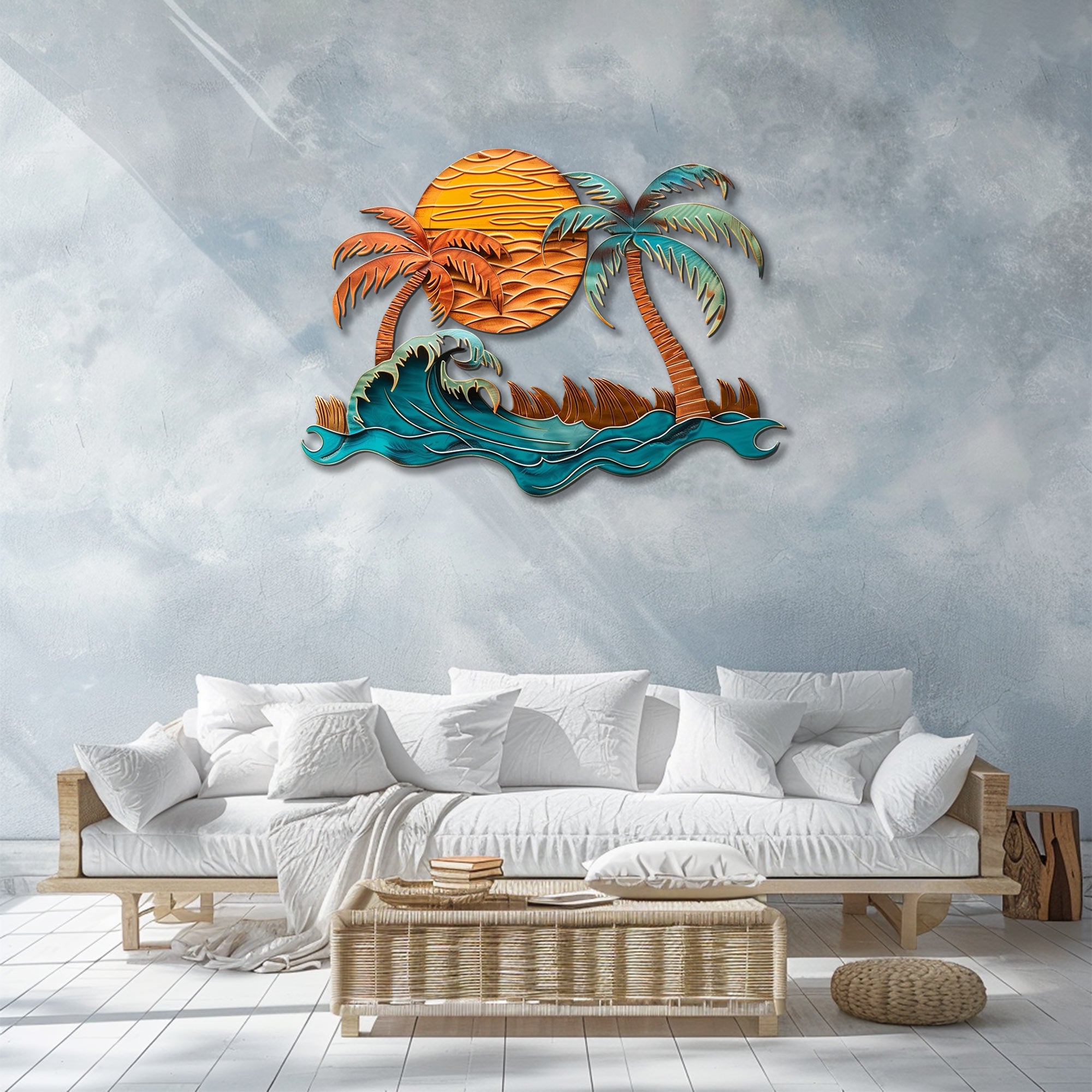 Ocean wave palm trees metal wall art with crashing wave copper sunset sun beach surf house aluminum wall decor 3