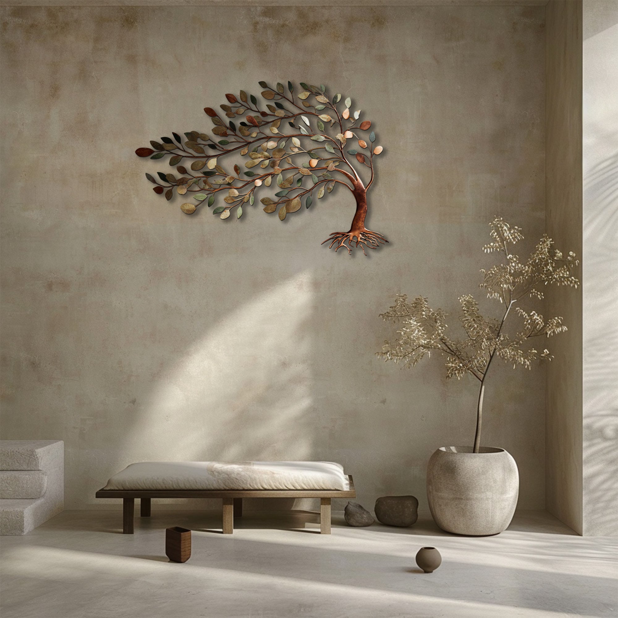 Tree of life metal wall art with flowing branches and botanical leaves 3